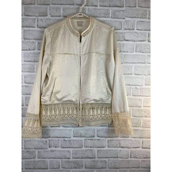 HINGE Silk & Crochet Zip Front Bomber Jacket Ivory Size Small - Picture 9 of 9